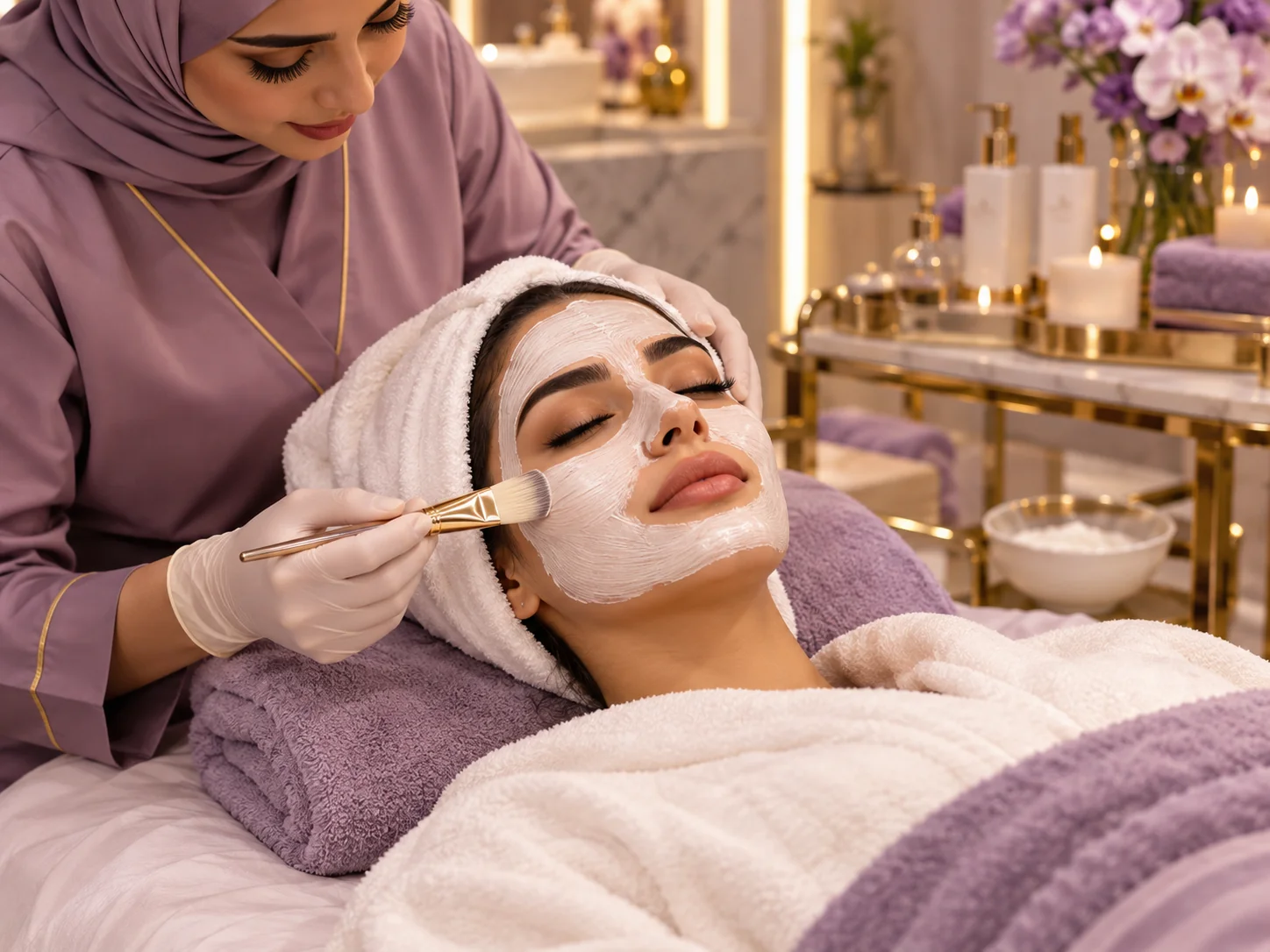 Modest facial treatment with covered shoulders