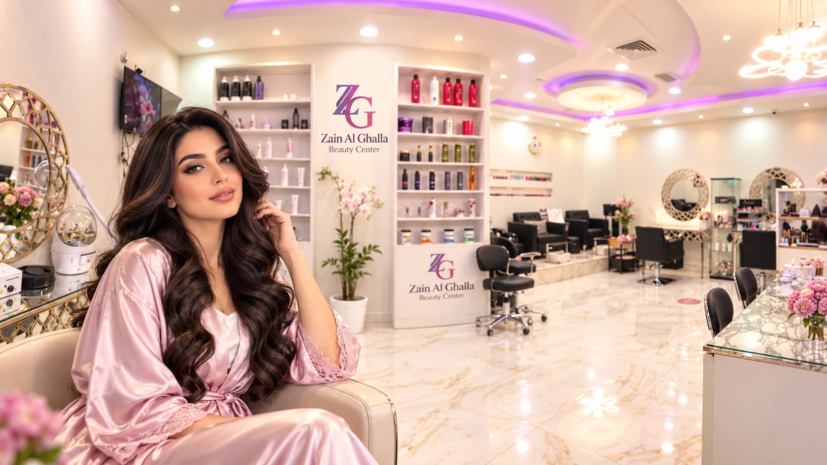 Illustrative beauty portrait with Zain Al Ghalla-inspired salon interior