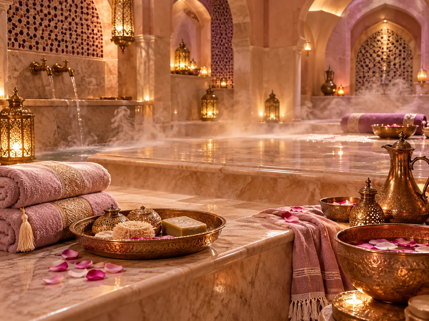Illustrative Moroccan hammam interior without people